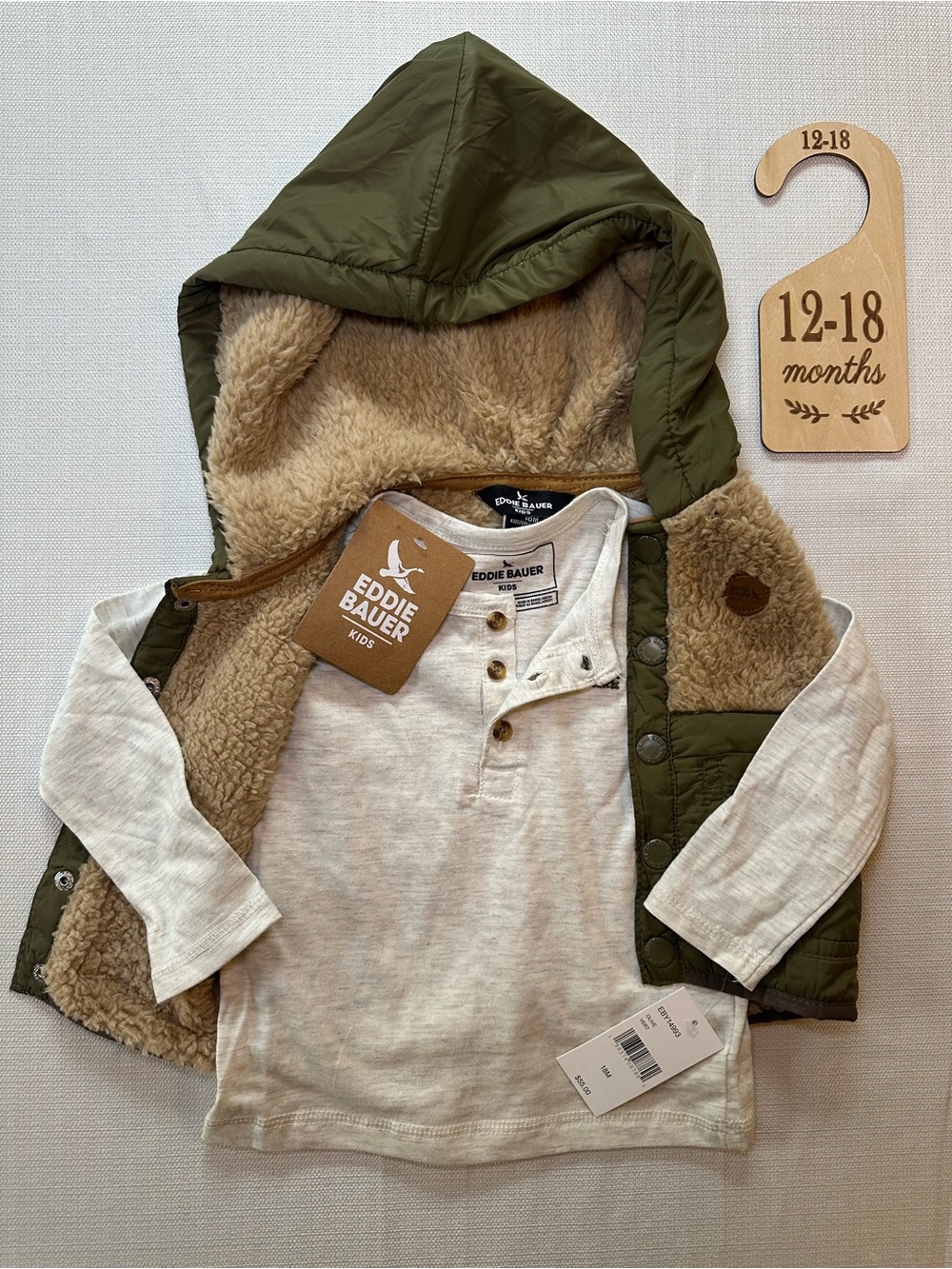 Eddie Bauer Kids Olive Green Hooded Vest & Heathered Henley Set 18M NWT